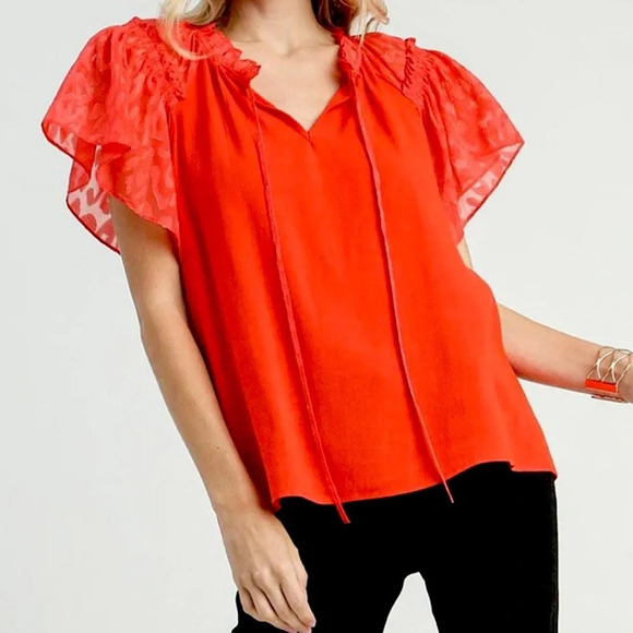 Umgee Tops - Umgee New Large Red Animal Print Ruffle Sleeve Blouse Breezy